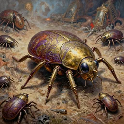 painting of varied filthy rugated, fantasy drag race, giant tick made of brass, ornate purple veins covering, giant ticks, dystopian by vincente b ballestar, by francesco blanc, & by jack gaughan high resolution, hyper detailed, cinematic, ornate masterpiece, shot on imax with full frame on signature prime lens