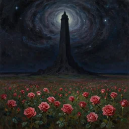 the dark tower in a field of roses, surrealism, cosmic western, masterpiece oil painting, beksinski, barlowe