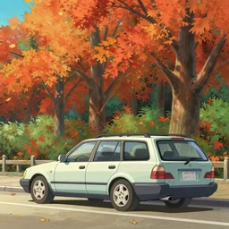 station wagon in an autumn forest city, trending on pixiv fanbox, painted by greg rutkowski makoto shinkai takashi takeuchi studio ghibli, aki
