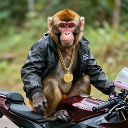 monkey wearing other jacket and gold chain on a motorcycle