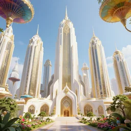 octane render of joyful opulent futuristic art deco city sunny day white and gold monolithic skyscrapers colorful floating parasols trees flowers park clear focus clean lines volumetric lighting art deco architecture fantasy by paul ozzimo james clyne ross tran greg rutkowski beautiful intricate elegant highly detailed artstation