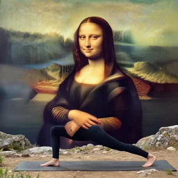 a young woman wearing workout clothes is doing yoga outdoors in the mountains!, looks like mona lisa, sharp focus, hyper realistic, centered, extremely detailed, wide shot!, a painting by leonardo da vinci!