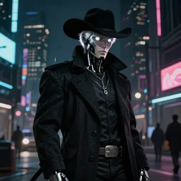 a Photorealistic dramatic hyperrealistic render of a male cyborg half human half robot face dressed as a cowboy wearing a long black coat with a black cowboy hat, brilliant white eyes, short white hair, background of a cyberpunk neon city at night by WLOP,Artgerm,Greg Rutkowski,Alphonse Mucha, Beautiful dynamic dramatic dark moody lighting,shadows,cinematic atmosphere,Artstation,concept design art,Octane render,8K