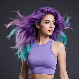 a award winning head and torso portrait of a beautiful woman in a croptop with a ombre purple pink teal hairstyle with head in motion and hair flying, outrun, vaporware, vivid colors, highly detailed, fine detail, intricate