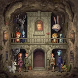 underground house with unusual animals. digital drawing by wes anderson, jean pierre jeunet, tim burton, tomm moore, howard arkley, karl gerstner. hyper detailed.