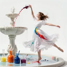 one women into fountain of bright paints and substances dancing alone in white dress, paint on dress, piotr jablonski, norman rockwell, tim hildebrandt, mark maggiori, jeff dekal, long shot, hyperrealistic oil painting on canvas, deep depth field, cinematic composition, hyper - detailed, hdr, 8 k, 4 k