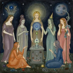 a group of celestial beings communicating with weird machines by leonora carrington