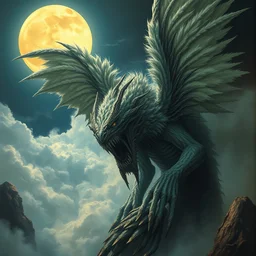 concept art of giant fairy, lovecraftian, lots of teeth, melting horror, large wings made of fluffy feathers, round moon, rich clouds, fighting the horrors of the unknown, high resolution, very detailed, roaring, volumetric light, mist, grim, fine art, decaying, textured oil over canvas, epic fantasy art, very colorful, ornate wings