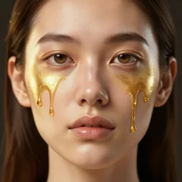normal skin face bleeding gold liquid, realistic 3 d render, gold tones, global illumination