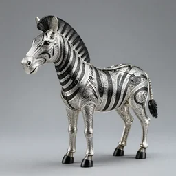 hollow filigree zebra - shaped automata in silver and ebony, detailed 8 k, award - winning photography