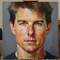 A portrait painting of Tom Cruise; the most beautiul painting in the world; trending on artstation; oil on canvas; correct face; correct eyes; anatomically correct; extraordinary masterpiece!!!!!!; 8k