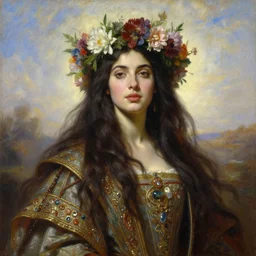 portrait oil painting, a beautiful young woman, a crown of flowers, flowers, long flowing dark hair, ornate robe, ultra realistic, wide angle, intricate details, artifacts, luminous skies, highly detailed, michael cheval, peter mohrbacher, boris vallejo, jessica rossier, oil painting, highly detailed, cinematic lighting