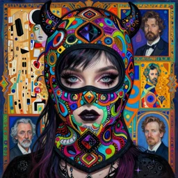 a close up of beautiful decora cybergoth emo girl wearing a balaclava surrounded by colourful intricate patterns, by gustave klimt edgar maxence and caravaggio and michael whelan, intricate painting, hyper realistic, extremely detailed and beautiful aesthetic face, inside maximalist baroque vaporwave royalty frames