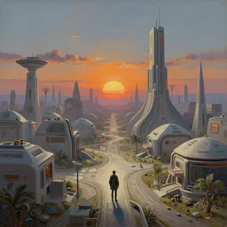 lone wanderer in a highly detailed surreal cinematic suburb in a scifi landscape, psychedelic, amazing, by feng zhu, wayne barlowe, perfect geometry, hyper - detailed, sharp, beautiful, desaturated, beautiful lighting, oil on canvas, sunset