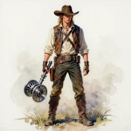 a oil / watercolor painting full body character portrait of a turbine gunslinger in the style of moebius in the style of leonard boyarsky trending on artstation deviantart pinterest detailed realistic hd 8 k high resolution