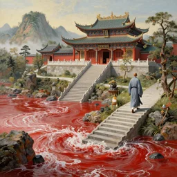 a gorgeous landscape painting by barlowe wayne maxfield parrish and marco mazzoni. chinese temple. a lonely chinese monk in grey blue long gown walks on the winding steps. ultra clear detailed. 3 d, octane render. turbulent blood lake.