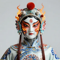 portrait of a cyberpunk machine, on fire, machine face, upper half portrait, decorated with chinese opera motifs, asian, fine china, traditional chinese art, intricate, elegant, highly detailed, symmetry, headpiece, digital painting, artstation, concept art, smooth, sharp focus, illustration, art by artgerm and greg rutkowski and alphonse mucha, 8 k