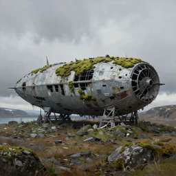 hyperealistic painting of scandinavian landscape . giant abandonned spaceship covered with moss. by Simon Stålenhag !