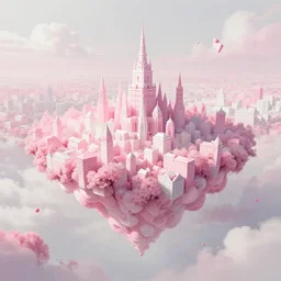 a beautiful render of pink and white city in the air, by hubert robert, daniel merriam, roger dean and jacek yerka, alex grey style, soft lighting,, 5 d