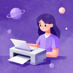 an low poly watercolor illustration of a girl with an old printer in deep space, flat synthwave art style, lavender purple
