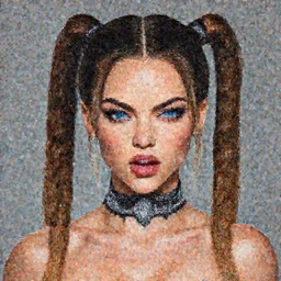 portrait of cute muscled Mila Kunis with braided pigtails hair and bright blue squinting eyes looking directly into the camera, shiny sparkling diamonds, mouth slightly open, wearing intricate black choker, elegant, highly detailed, centered, digital painting, artstation, concept art, smooth, sharp focus, illustration, artgerm, donato giancola, Joseph Christian Leyendecker, WLOP, Boris Vallejo, Artgerm