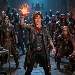 idealistic realistic character with powers based on their nerdy geek basement hobby, a hero gifted with powers from an outside benefactor is set against an infinite legion of evil, movie style sci-fi fantasy character photograph, outfit designed by Wayne Reynolds Kinkade and Dan Mumford Monet