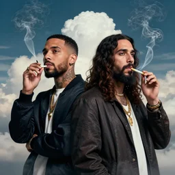 an ultra detailed picture portrait of Mac Miller and Jesus smoking a joint in heaven, 8k, photorealistic,