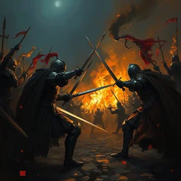 a painting of a medieval knights fighting with swords at midnight surrounded by a medieval battle with fire by greg rutkowski, dark fantasy art, high detail, trending on artstation