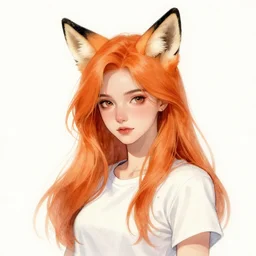 character design portrait of a beatiful anthropomorphic furry fox woman with fox ears, long orange hair, wearing a tshirt, looking at the camera, 4 k, concept art, by wlop, wenjun lin, watercolor, ilya kuvshinov, artgerm, krenz cushart, pixiv.