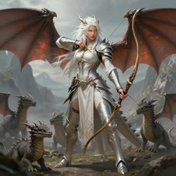 Full body Picture of a female Dragon Tamer, fantasy inspired, shortbow, ivory skin, White hair, long messy hair, platinum attire, armor and robes, battle, detailed face features, light glowy yellow eyes, dragon hatchlings around, mountain background, D&D, by artgerm and Craig Mullins, James Jean, Andrey Ryabovichev, Mark Simonetti and Peter Morbacher, matte painting, trending on artstation, artstationHD, artstationHQ, octane, full HD, 16K, alluring