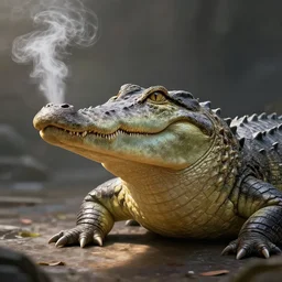 a masterpiece of a crocodile with steam coming from it's nostrils, cinematic, fantasy, hyper detailed, digital painting, 4 k realistic, trending on artstation, sharp focus, illustration, by ne zha, noriyoshi ohrai, light source on left