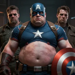 hyperrealistic mixed media image of a morbidly obese captain america, stunning 3 d render inspired art by istvan sandorfi and greg rutkowski, perfect facial symmetry, realistic, highly detailed attributes and atmosphere, dim volumetric cinematic lighting, 8 k octane extremely hyper - detailed render, post - processing, masterpiece,