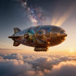 big steampunk zeppelin flying in big fluffy clouds, cinematic light, epic scene, god rays, 8 k, high detailed ornaments, liquid marbling acrylic paint, sunset, magic hour, golden hour, strathosphere, nebula sky, milkyway