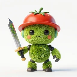photo of a cute robot made of plants wearing tomato hat and a chive sword, made in abyss style