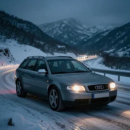 Audi A4 B6 Avant (2002), a gritty neo-noir, dramatic bright lighting, cinematic, establishing shot, extremely high detail, photorealistic, cinematic lighting, artstation, by simon stalenhag, Snowy mountain road, At night, flashing lights