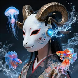 3 d goddess close - up profile portrait with crown, ram skull. beautiful intricately detailed cyberpunk japanese crow kitsune mask and clasical japanese kimono. betta fish, jellyfish phoenix, bio - luminescent, plasma, ice, water, wind, creature, artwork by tooth wu and wlop and beeple and greg rutkowski
