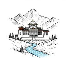 an outline tattoo idea of a monastery between the mountains in the himalayas, river flowing on the side, hyper realistic, surreal, trending on artstation, full hd, 8 k