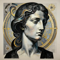 epic concept art. abstract female face silhouette mixing with black and color liquid fluid. abstract sculpture. art deco swirls. masterpiece, michelangelo. concept art, matte painting. astronomical clockwork, sacred geometry. greg rutkowski, wlop, victo ngai, kandinski