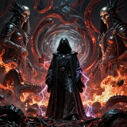 maelstrom, gehenna, chaos, the world without form and void, wide shot of a dark sith lord in a robe with electricity, amazing concept painting by Jessica Rossier and HR giger and Beksinski, 1970s film by Stanley Kubrick, iconic scene, stunning cinematography, hyper detailed, sharp, anamorphic lenses, kodak color, 4k, stunning concept art
