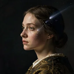 a woman's face in profile, made of comet, in the style of the dutch masters and gregory crewdson, dark and moody