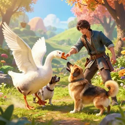 a goose was fighting with a dog, by wenjun lin, irakli nadar, bright colors, octopath traveler, wenjun lin, unreal engine 5 highly rendered, global illumination, radiant light, detailed and intricate environment