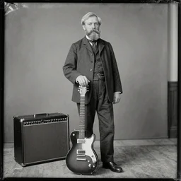 early 1 7 0 0's photograph of a blonde bearded man standing with electric guitar, amplifier also pictured, daguerrotype