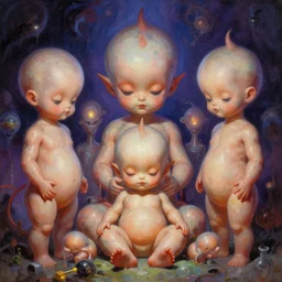 psychedelic demonic space babies, by shigenori soejima, by frank frazetta, digital painting masterpiece, beautiful brush strokes, advanced lighting technology, symmetry!!!