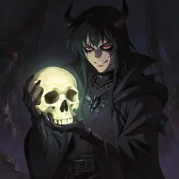 evil dark character holding glowing skull, by makoto shinkai, digital art, artstation, high detalied,