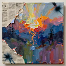canvas with raises paint textures, splash of paint down center, abstract, acrylic, applied thick, paint smeared with palette knife, blotch of spray paint in corner, trichromatic colors, torn pieces of newspaper pasted on canvas