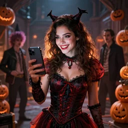 epic masterpiece of cinematographic hyperrealism where a beautiful woman dressed in a halloween costume holding a happy phone appears. realistic shaded lighting poster by craig mallismo, artgerm, jeremy lipkin and michael garmash, unreal engine, radiant light, complex detailed environment, digital art, art station trends. n 9