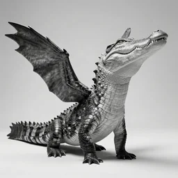 rare classified photo, black & white, studio lighting, a standing fish crocodile, wings, horns, real fur, real skin