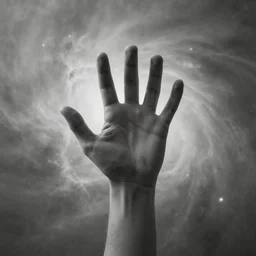 a huge hand poking up from a monotone nebula