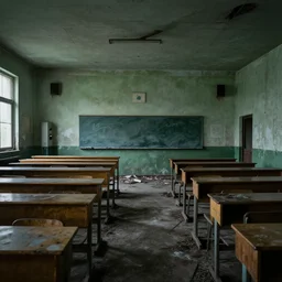 photograph of the interior of an abandoned school by vincent van gogh, sad, depressing, creepy