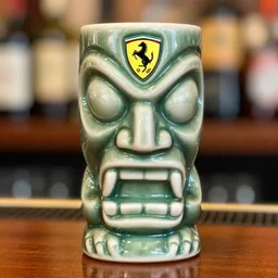 a closeup photorealistic photograph of a ferarri shaped tiki mug sitting at a trader vic's bar featuring enzo's face. tiki theme. bright scene. fine detail. this 4 k hd image is trending on artstation, featured on behance, well - rendered, extra crisp, features intricate detail, epic composition and the style of unreal engine.